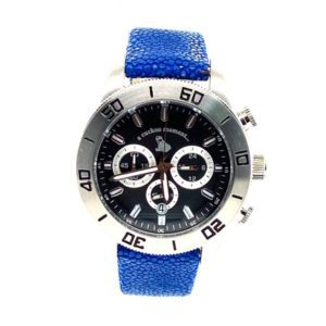 Chronograph Uhr aus silbernem Edelstahl und schwarzem Zifferblatt