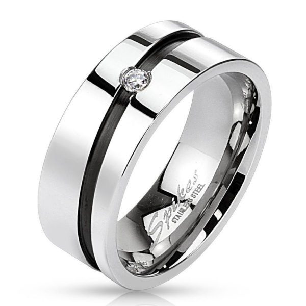 49 (15.6) Edelstahl Kristall Ring mit diagonal schwarzem Mittelring silber hochglanzpoliert Damen...
