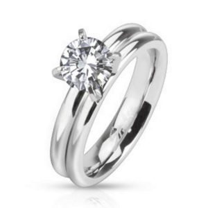 54 (17.2) Edelstahl Damenring zweireihig mit Stein silber hochglanzpoliert (Ring Damen Fingerring...