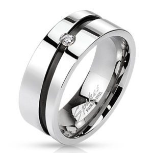 60 (19.1) Edelstahl Kristall Ring mit diagonal schwarzem Mittelring silber hochglanzpoliert Damen...