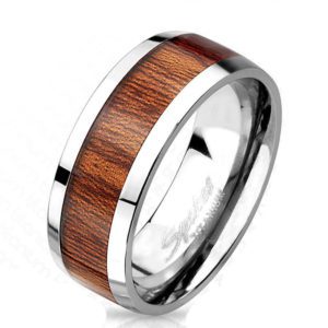 67 (21.3) Titan Ring mit edlem braunem Holz Mittelring fuer Damen und Herren 60 62 64 67(Silber...