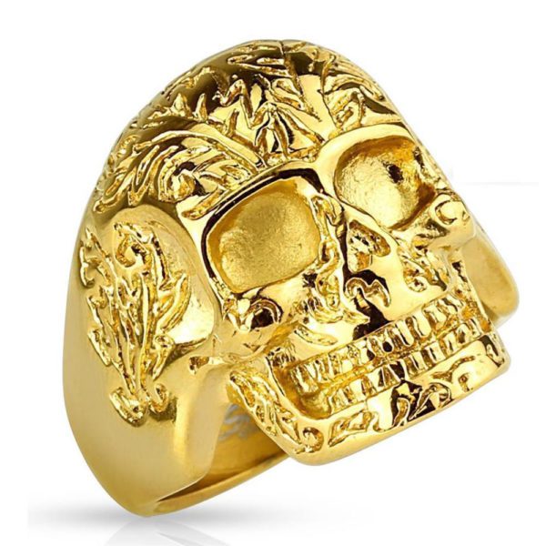 72 (22.9) Goldener Totenkopf Ring verziert massiv Edelstahl Maenner Skull 60 62 64 67 70 72(Herren...