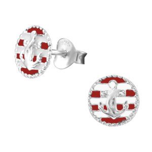 Ohrstecker Anker rot-weiÃƒÂŸ aus .925 Silber Damen