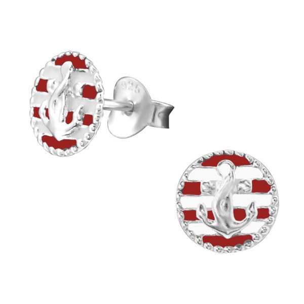 Ohrstecker Anker rot-weiÃƒÂŸ aus .925 Silber Damen