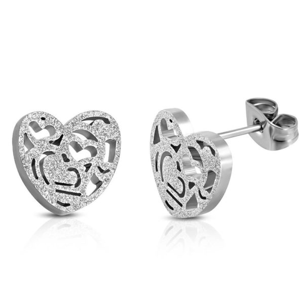 Ohrstecker sand-gestrahltes Herz Silber aus Edelstahl Unisex
