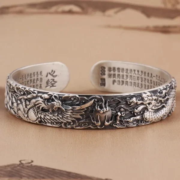 Hx Armreifen Frauen Retro Drachen und Phoenix geprägt Herz Sutra dominierende breite Version solide Öffnung Armreifen Schmuck – Bild 2