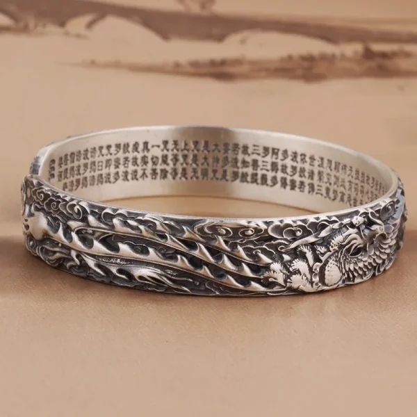 Hx Armreifen Frauen Retro Drachen und Phoenix geprägt Herz Sutra dominierende breite Version solide Öffnung Armreifen Schmuck – Bild 3