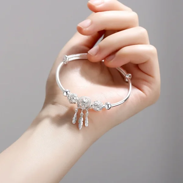 Verstellbare 999 Sterling Silber Dreamcatcher Quaste Feder runde Perle Charm Armband Frauen Armreif Boutique Schmuck Zubehör – Bild 3