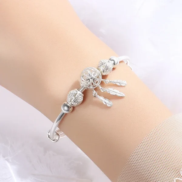 Verstellbare 999 Sterling Silber Dreamcatcher Quaste Feder runde Perle Charm Armband Frauen Armreif Boutique Schmuck Zubehör – Bild 4