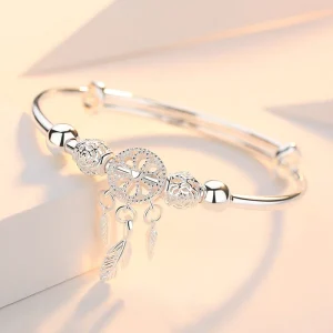 Verstellbare 999 Sterling Silber Dreamcatcher Quaste Feder runde Perle Charm Armband Frauen Armreif Boutique Schmuck Zubehör