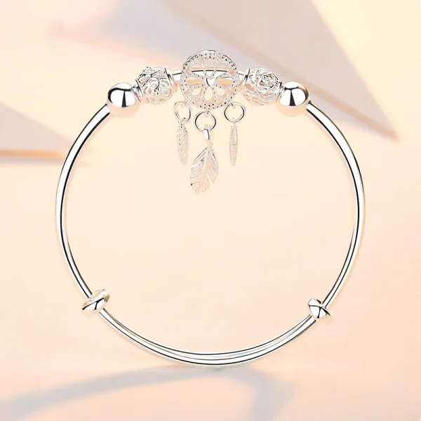 Verstellbare 999 Sterling Silber Dreamcatcher Quaste Feder runde Perle Charm Armband Frauen Armreif Boutique Schmuck Zubehör – Bild 5