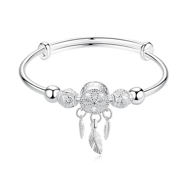 Verstellbare 999 Sterling Silber Dreamcatcher Quaste Feder runde Perle Charm Armband Frauen Armreif Boutique Schmuck Zubehör – Bild 6