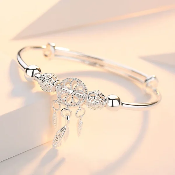 Verstellbare 999 Sterling Silber Dreamcatcher Quaste Feder runde Perle Charm Armband Frauen Armreif Boutique Schmuck Zubehör