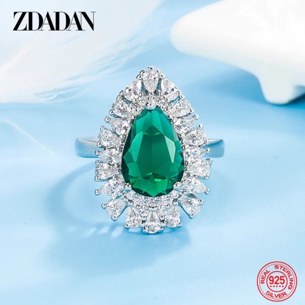 Zdadan Sterling Silber Wasser tropfen Smaragd verstellbarer Ring für Damen Modeschmuck – Bild 2