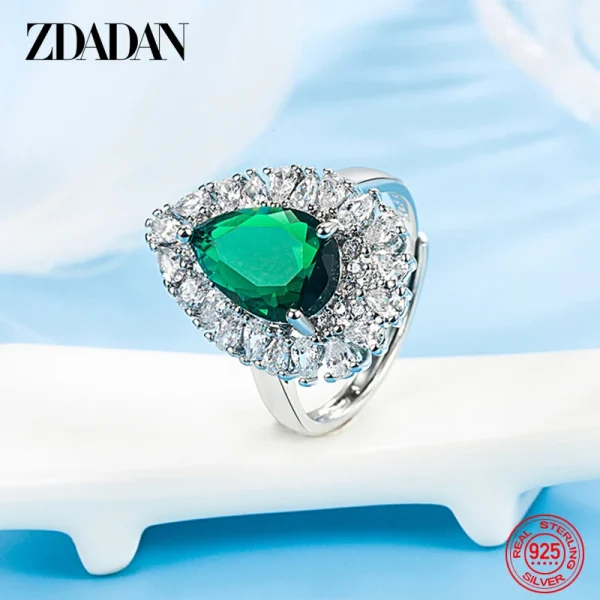 Zdadan Sterling Silber Wasser tropfen Smaragd verstellbarer Ring für Damen Modeschmuck – Bild 3