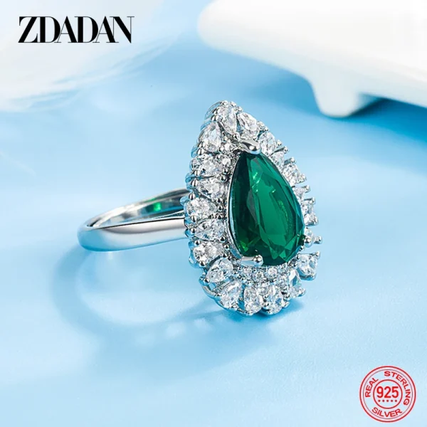 Zdadan Sterling Silber Wasser tropfen Smaragd verstellbarer Ring für Damen Modeschmuck – Bild 4