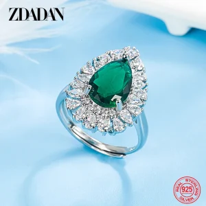 Zdadan Sterling Silber Wasser tropfen Smaragd verstellbarer Ring für Damen Modeschmuck