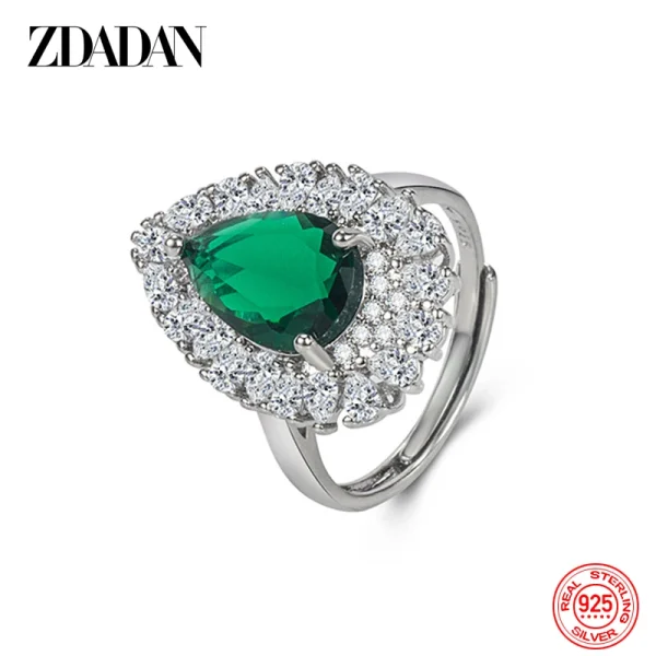 Zdadan Sterling Silber Wasser tropfen Smaragd verstellbarer Ring für Damen Modeschmuck – Bild 5
