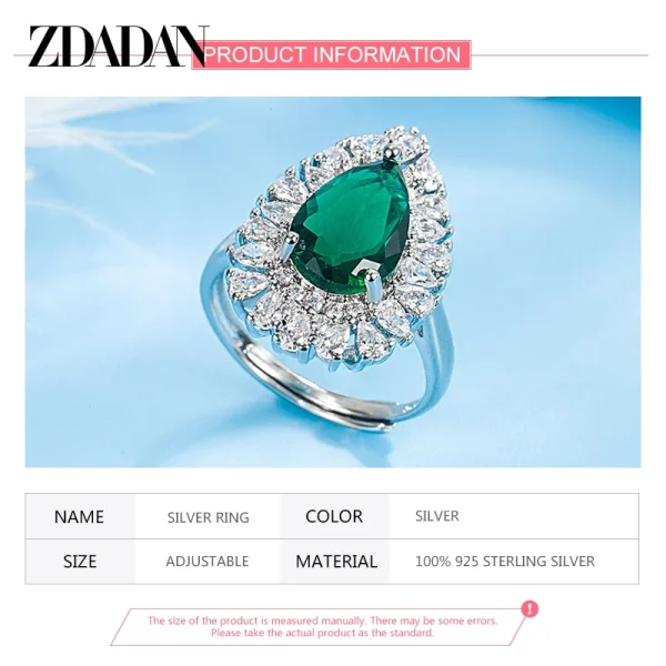 Zdadan Sterling Silber Wasser tropfen Smaragd verstellbarer Ring für Damen Modeschmuck – Bild 6