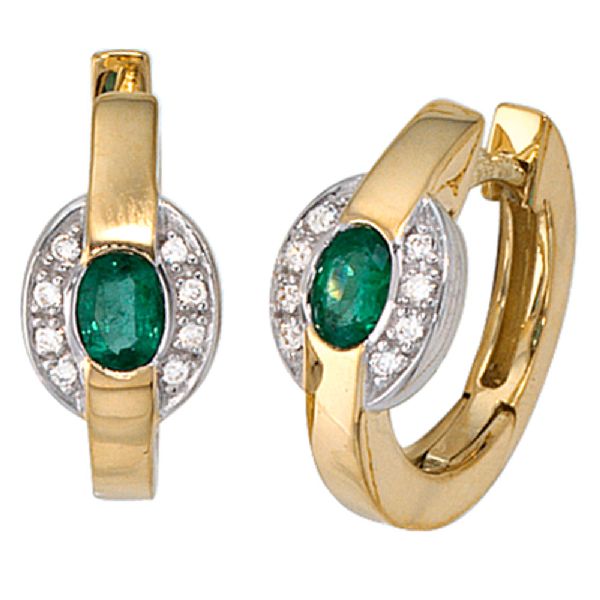 Creolen 585 Gold Gelbgold bicolor 16 Diamanten 2 Smaragde grün Ohrringe CJ