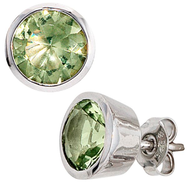 Ohrstecker rund 925 Sterling Silber rhodiniert 2 Zirkonia grün Ohrringe CJ
