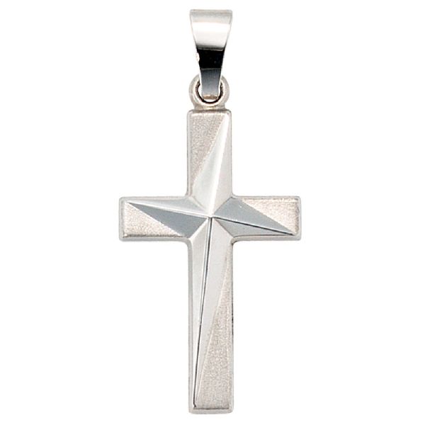 Anhänger Kreuz 375 Gold Weißgold teil matt Kreuzanhänger Weißgoldkreuz CJ
