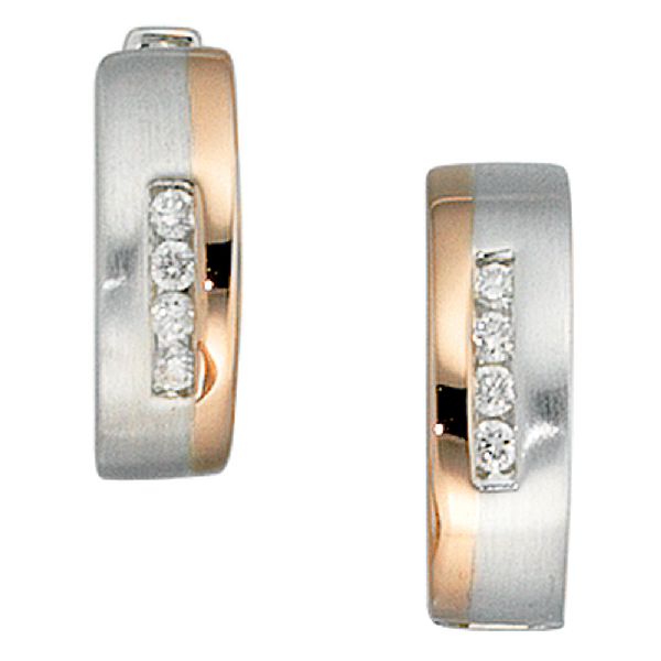 Creolen rund 585 Gold Weißgold Rotgold bicolor teilmatt 8 Diamanten Ohrringe CJ
