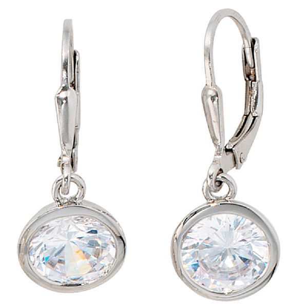 Boutons rund 925 Sterling Silber rhodiniert 2 Zirkonia Ohrringe Ohrhänger CJ