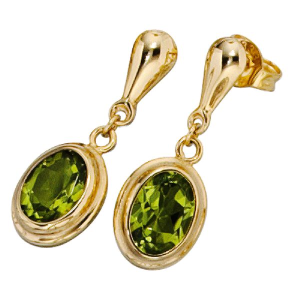 Ohrhänger oval 585 Gold Gelbgold 2 Peridote grün Ohrstecker Ohrringe CJ