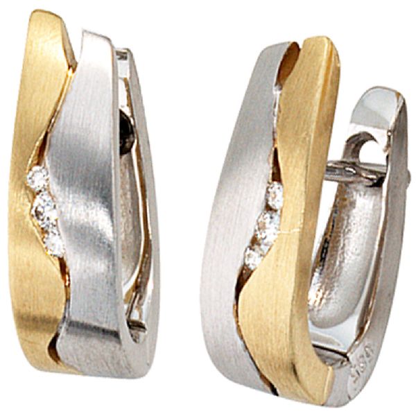 Creolen 585 Gold Weißgold Gelbgold bicolor matt 6 Diamanten Brillanten Ohrringe CJ