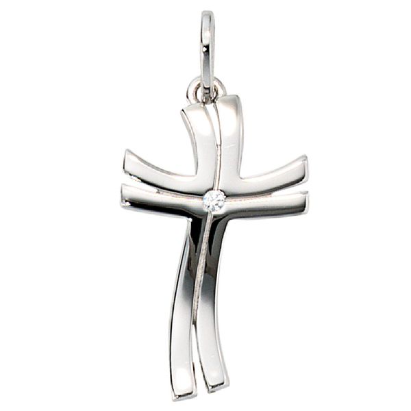 Anhänger Kreuz 585 Gold Weißgold 1 Diamant Brillant Kreuzanhänger Weißgoldkreuz CJ