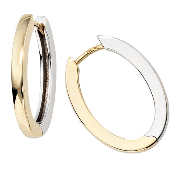 Creolen oval 585 Gold Gelbgold Weißgold bicolor Ohrringe Goldcreolen CJ