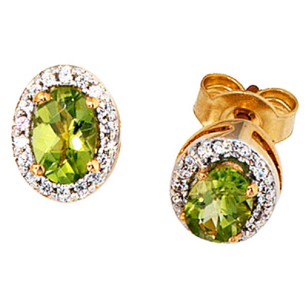 Ohrstecker oval 585 Gelbgold 36 Diamanten 2 Peridote grün Peridot Ohrringe CJ