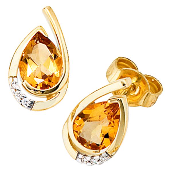 Ohrstecker Tropfen 585 Gold Gelbgold 6 Diamanten 2 Citrine orange Ohrringe CJ