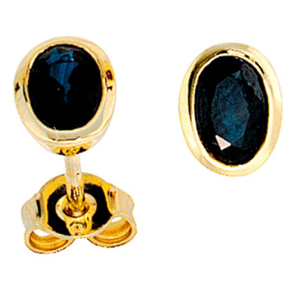 Ohrstecker oval 585 Gold Gelbgold 2 Safire blau Ohrringe Goldohrstecker CJ