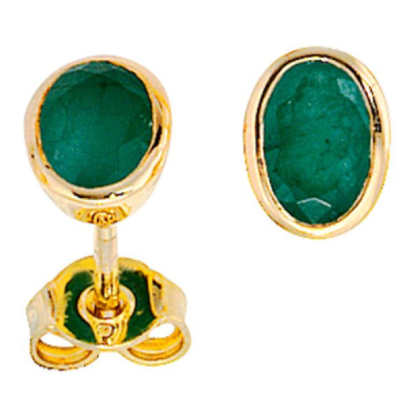 Ohrstecker oval 585 Gold Gelbgold 2 Smaragde grün Ohrringe Goldohrstecker CJ