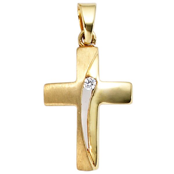 Anhänger Kreuz 333 Gold Gelbgold teil matt 1 Zirkonia Kreuzanhänger Goldkreuz CJ