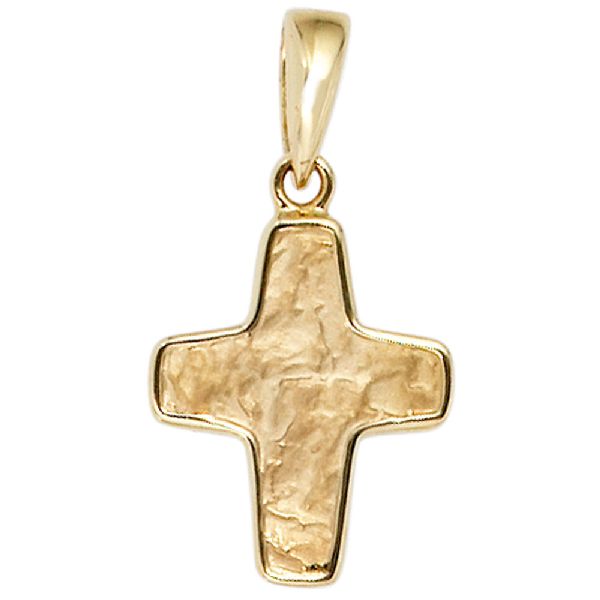 Anhänger Kreuz 585 Gold Gelbgold teil gehämmert Kreuzanhänger Goldkreuz CJ