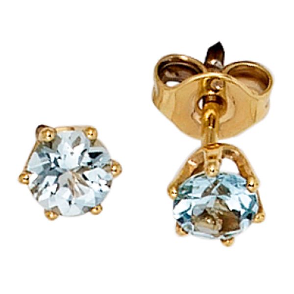 Ohrstecker rund 585 Gold Gelbgold 2 Aquamarine hellblau blau Ohrringe CJ