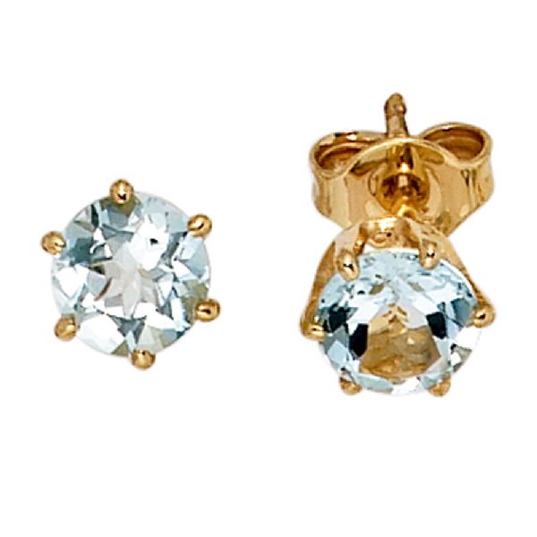 Ohrstecker rund 585 Gold Gelbgold 2 Aquamarine hellblau blau Ohrringe CJ