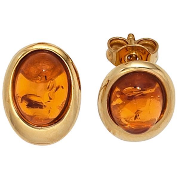 Ohrstecker oval 375 Gold Gelbgold 2 Bernstein-Cabochons orange Ohrringe CJ