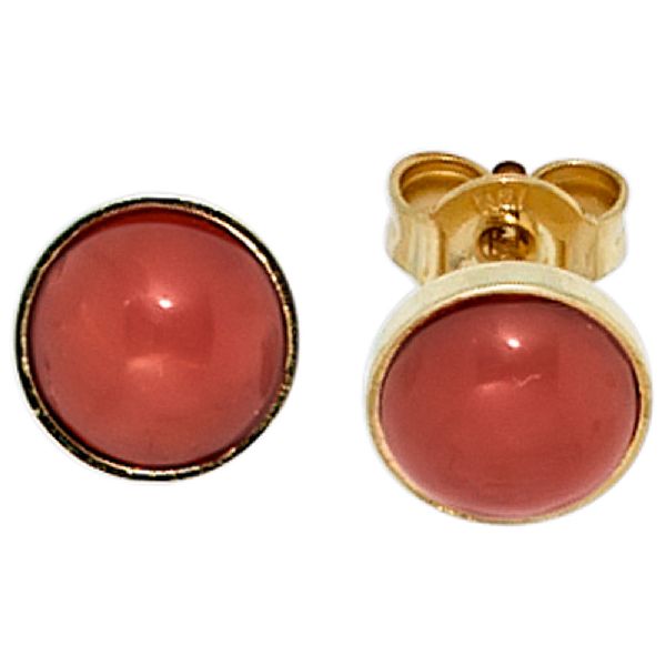 Ohrstecker rund 333 Gold Gelbgold 2 Korallen rot Ohrringe Goldohrstecker CJ