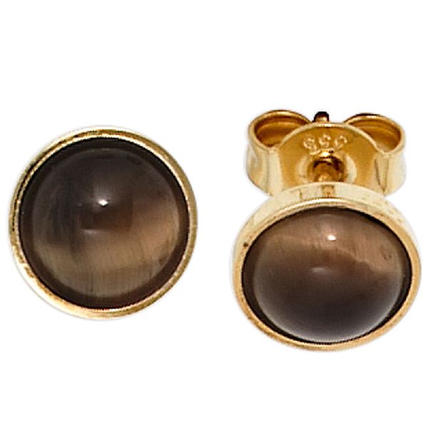 Ohrstecker rund 333 Gold Gelbgold 2 Tigeraugen braun Ohrringe Goldohrstecker CJ