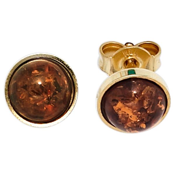 Ohrstecker rund 333 Gold Gelbgold 2 Bernsteine orange Ohrringe Bernsteinohrringe CJ