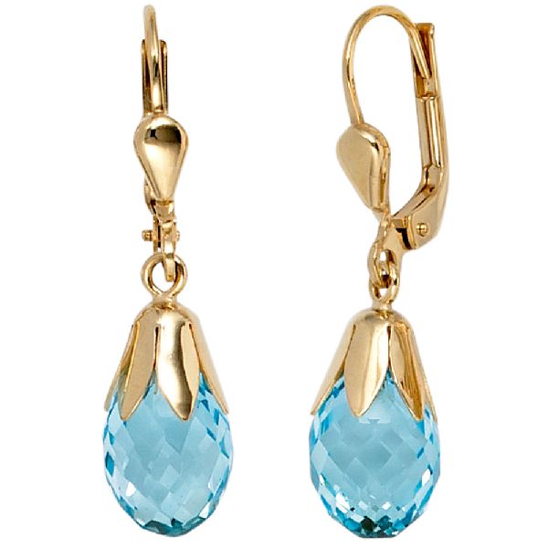 Boutons Tropfen 333 Gold Gelbgold 2 Blautopase hellblau blau Ohrringe Ohrhänger CJ