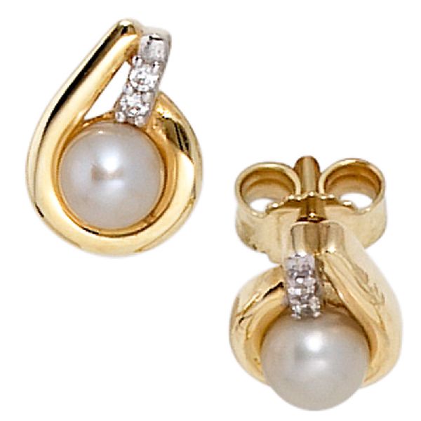 Ohrstecker 333 Gelbgold bicolor 2 Süßwasser Perlen 4 Zirkonia Ohrringe CJ