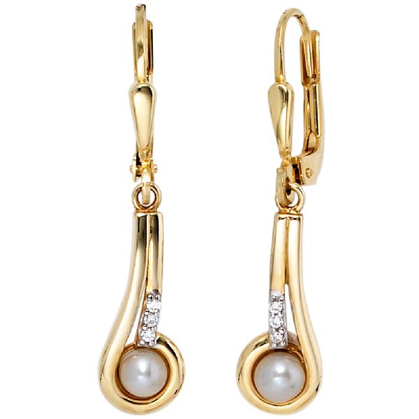 Boutons 333 Gold Gelbgold 2 Süßwasser Perlen 6 Zirkonia Ohrringe Ohrhänger CJ