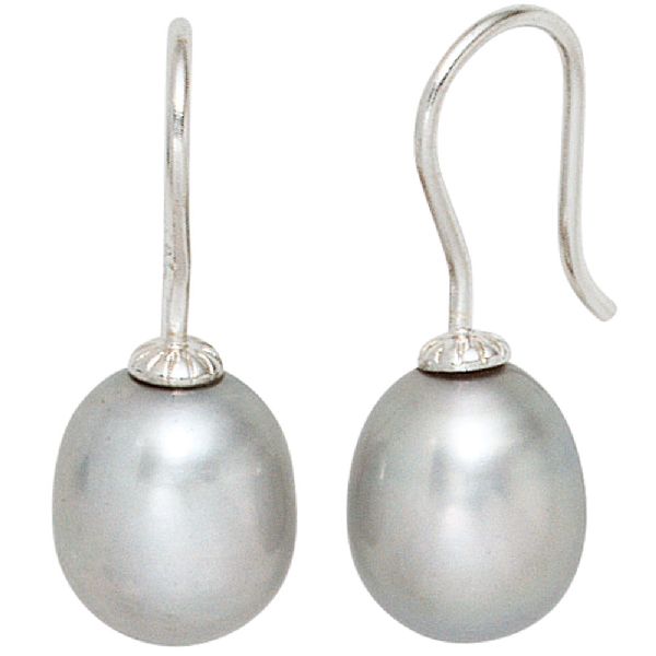 Ohrhänger 925 Sterling Silber 2 graue Süßwasser Perlen Ohrringe Perlenohrringe CJ