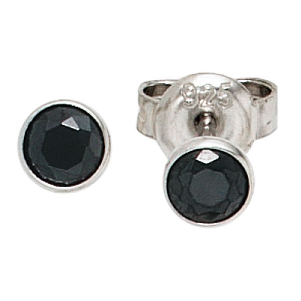 Ohrstecker rund 925 Sterling Silber rhodiniert 2 Zirkonia schwarz Ohrringe CJ