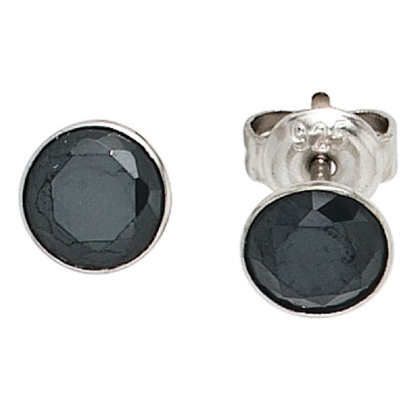 Ohrstecker rund 925 Sterling Silber rhodiniert 2 Zirkonia schwarz Ohrringe CJ